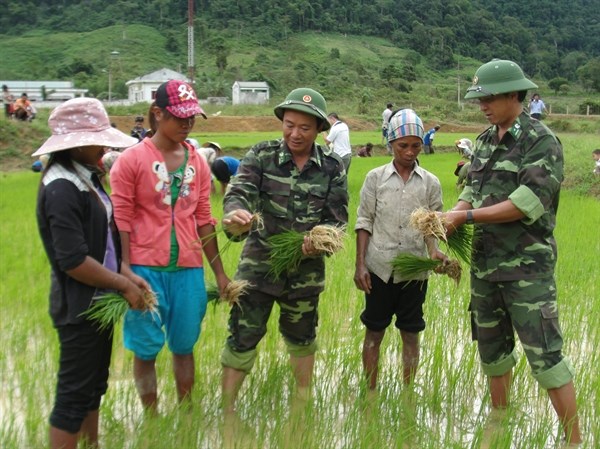 Cán bộ, chiến sĩ BĐBP Quảng Bình hướng dẫn đồng bào dân tộc thiểu số trên biên giới trồng cây lúa nước.